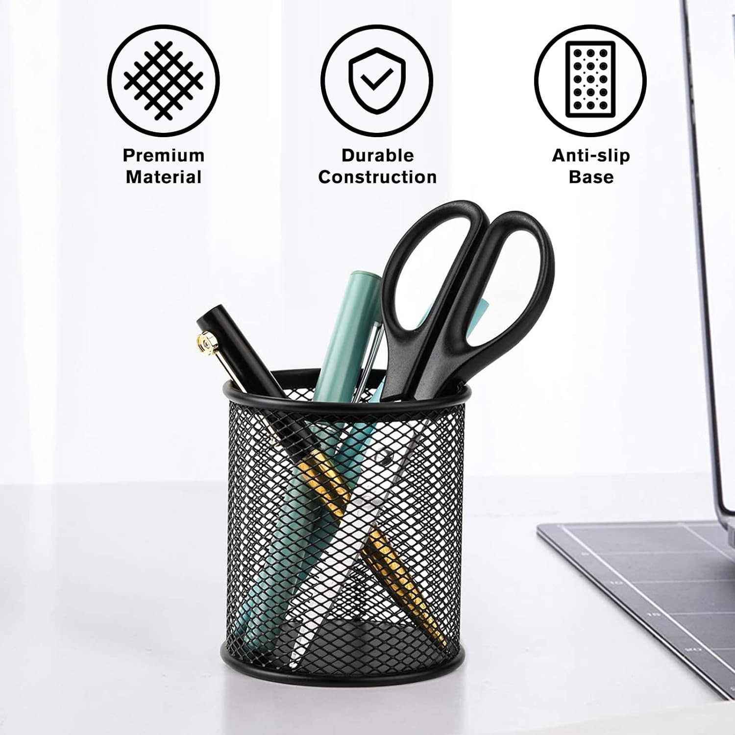 Pen Holder for Desk, 3 Pack Pencil Holder, Non-Slip EVA Pad, Premium Mesh Metal