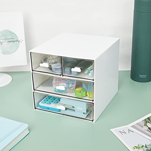 Desk Organizer with 4 Drawers, Clear Plastic Desk Storage Box, White-4 Draws