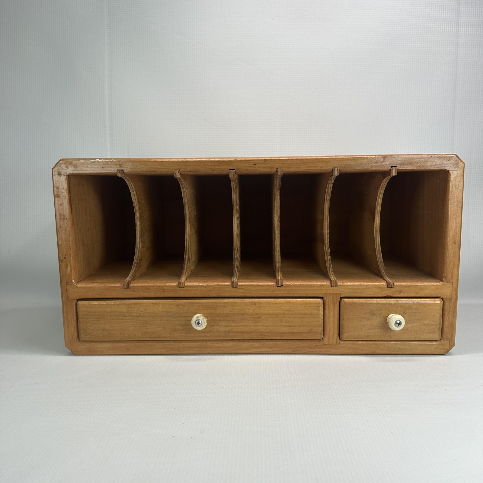 Handmade Wood Desktop Organizer Mail Sorter 6 Slot 2 Drawer Natural Wood Finish