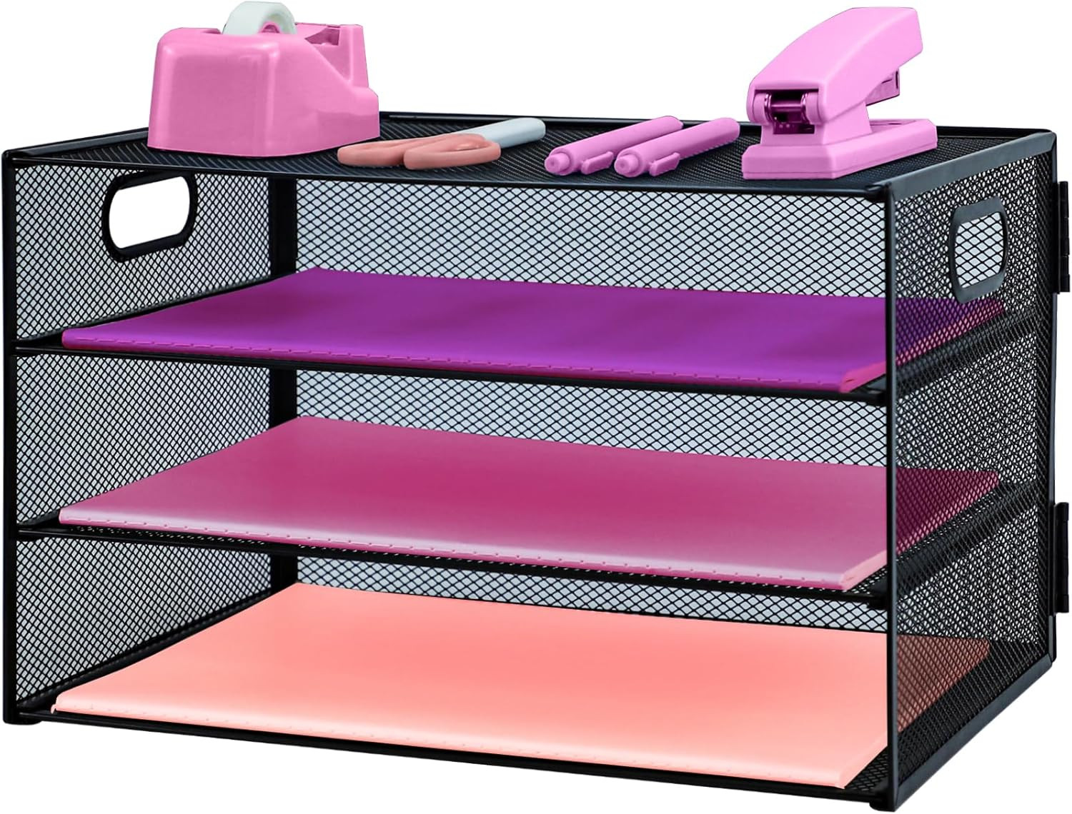 3 Tier Lettrer Tray Organizer, Metal Mesh Desk File Organizer with Sliding Trays