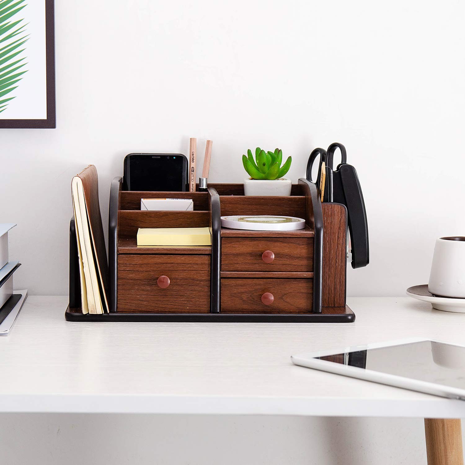 Liry Products Brown Wooden Desk Organizer Multiple Compartments 3 Drawers Slots