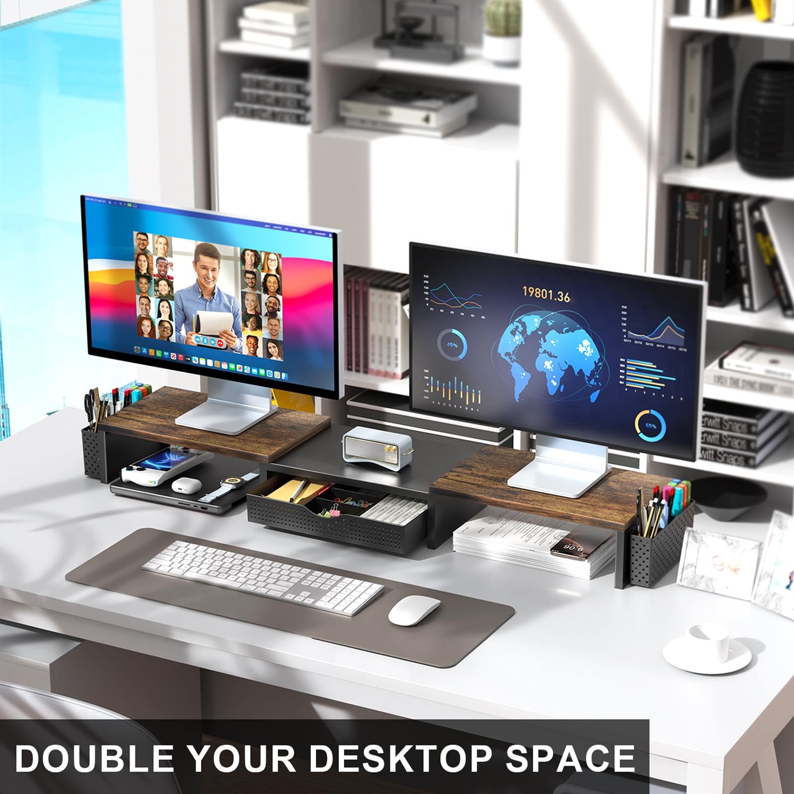 gianotter Dual Monitor Stand Riser, Desk Organizer With Drawer and 2 Pen Wood