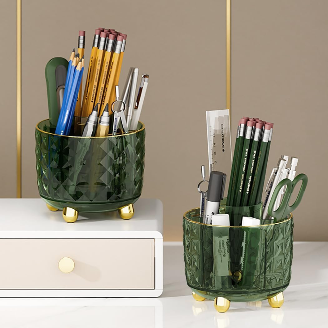 Dark Green Pen Pencil Holder for Desk, 360° Rotating Pen Organizer, Green Office