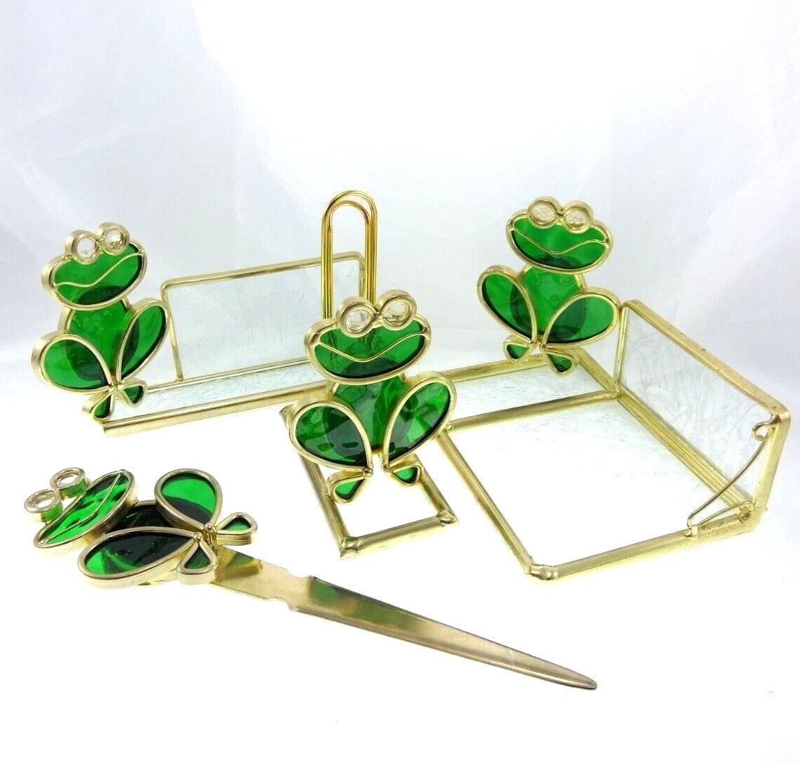 4pc Vintage Glass Brass Frog Desk Set Notepad Business Card Holder Letter Opener