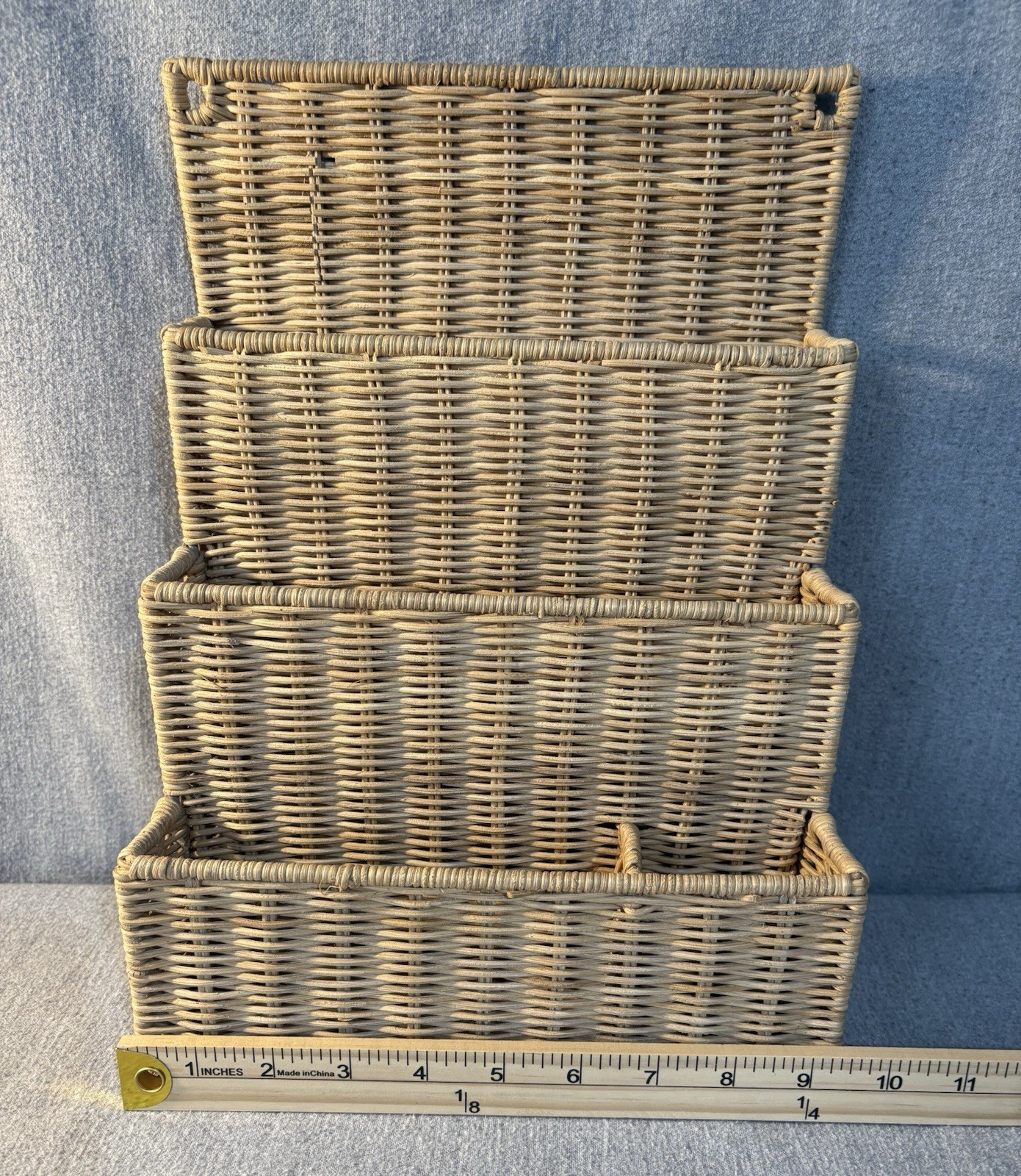 Vintage 4 Slot Wicker Wall Hanging Or Desk Letter Mail Crafts Holder Organizer