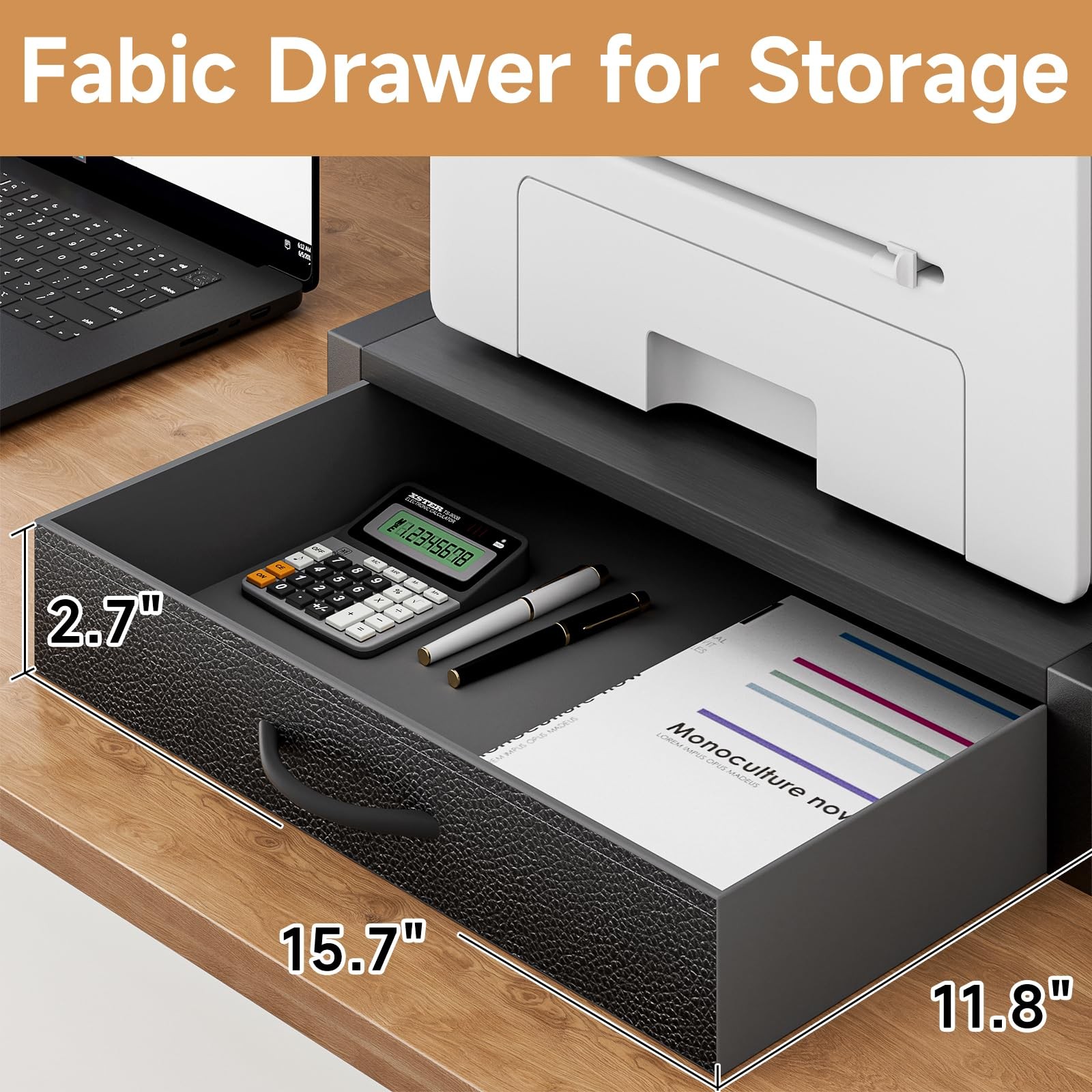 YAOHUOO 2-Tier Desktop Printer Stand with Fabric Drawer, Middle, Black