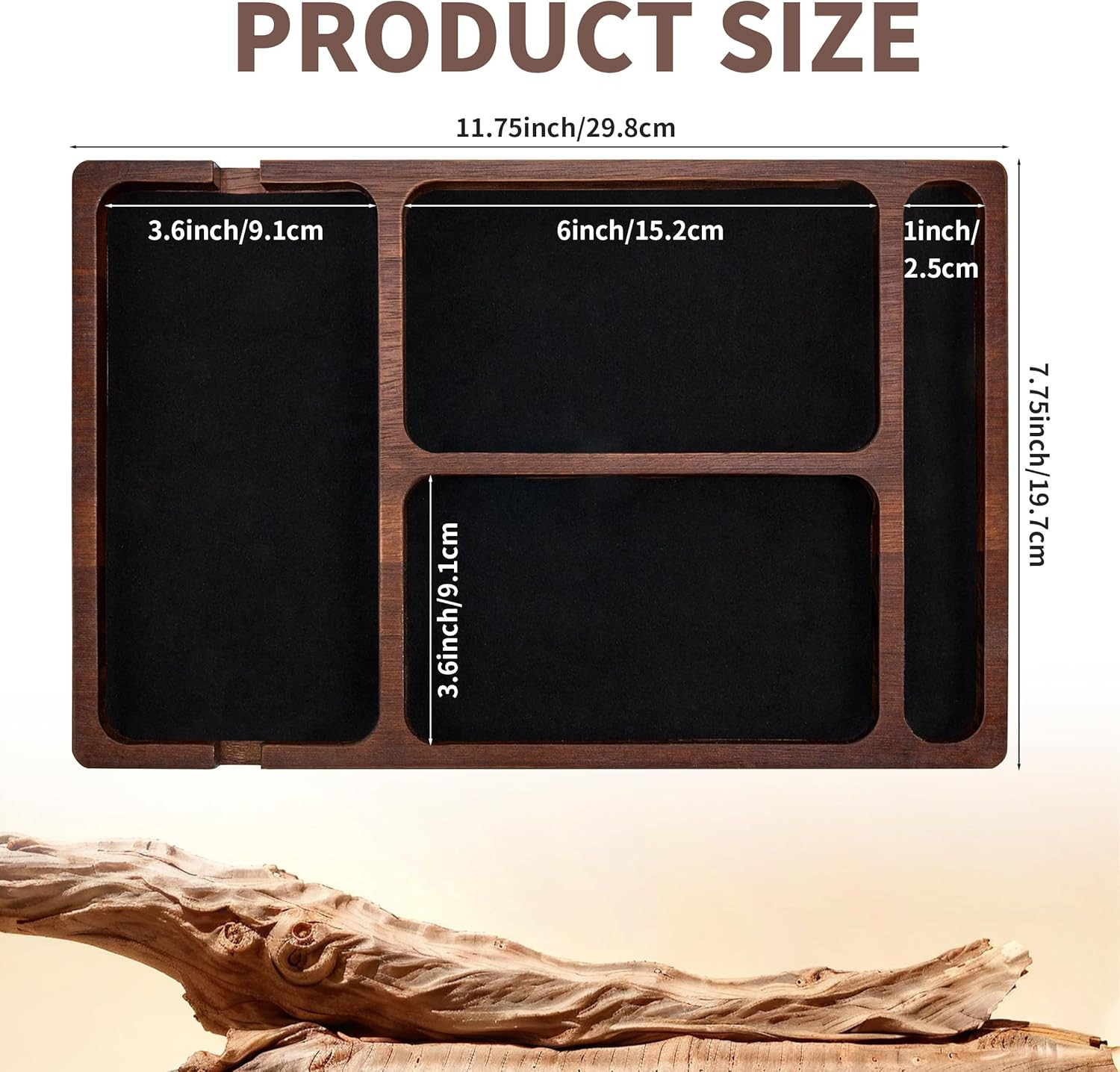 Valet Tray, Multi-Space Acacia Wood Leather Surface Desk Organizer Tray with Cha