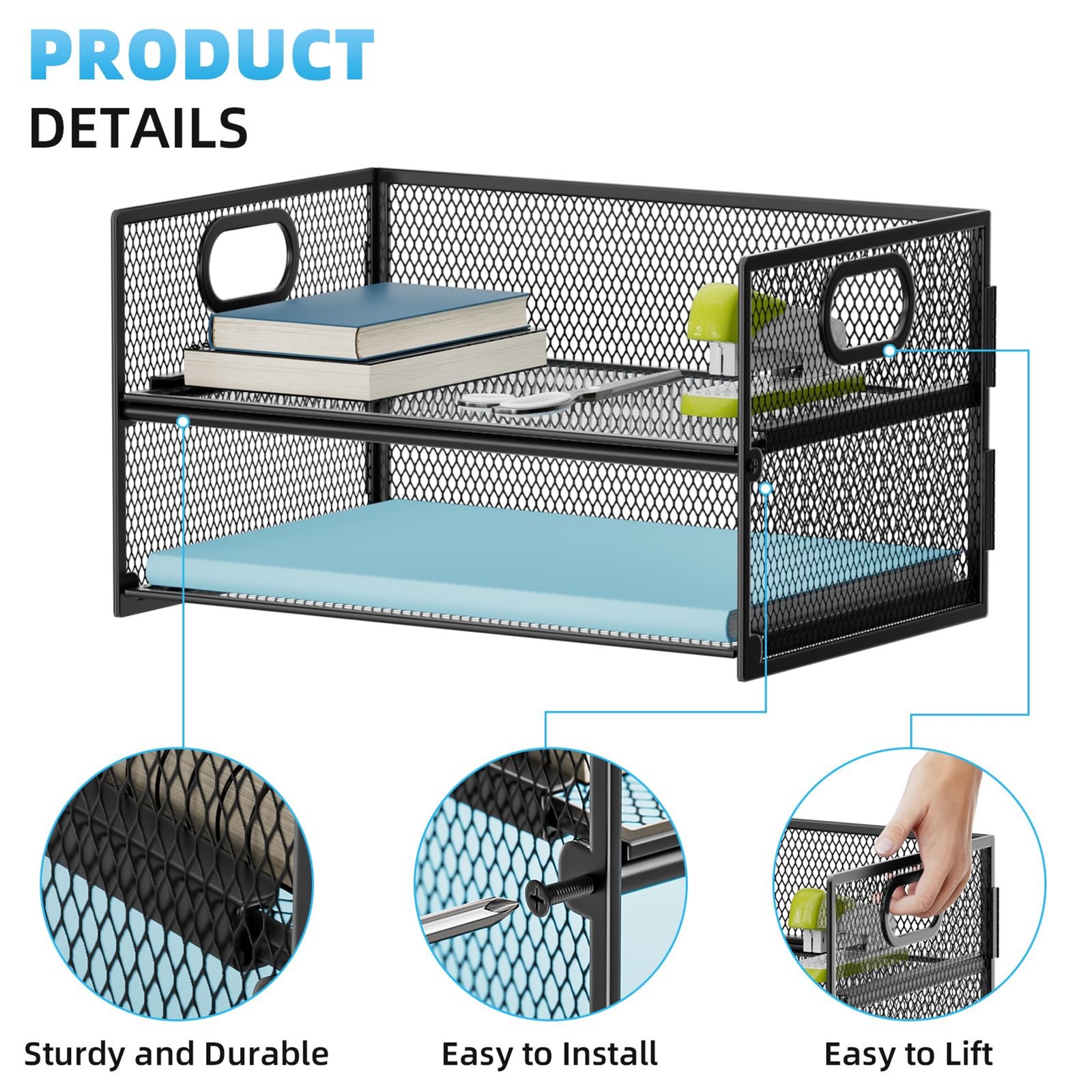 Marbrasse 2 Tier Paper Organizer Letter Tray, Mesh File Organizer with Handle, P