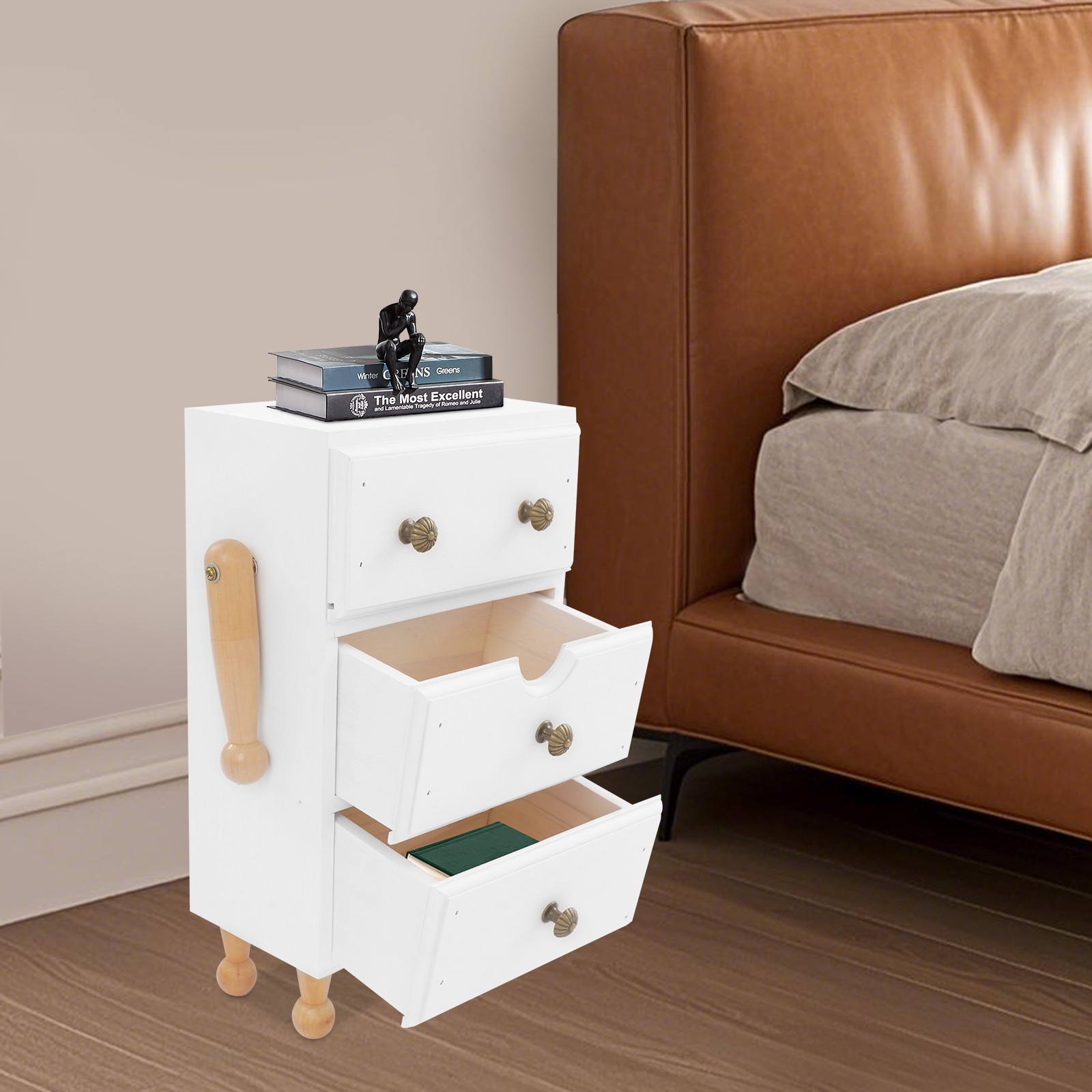 White Retro 3 Drawer Storage Cabinet Pine Wood Freestanding Organizer For Office