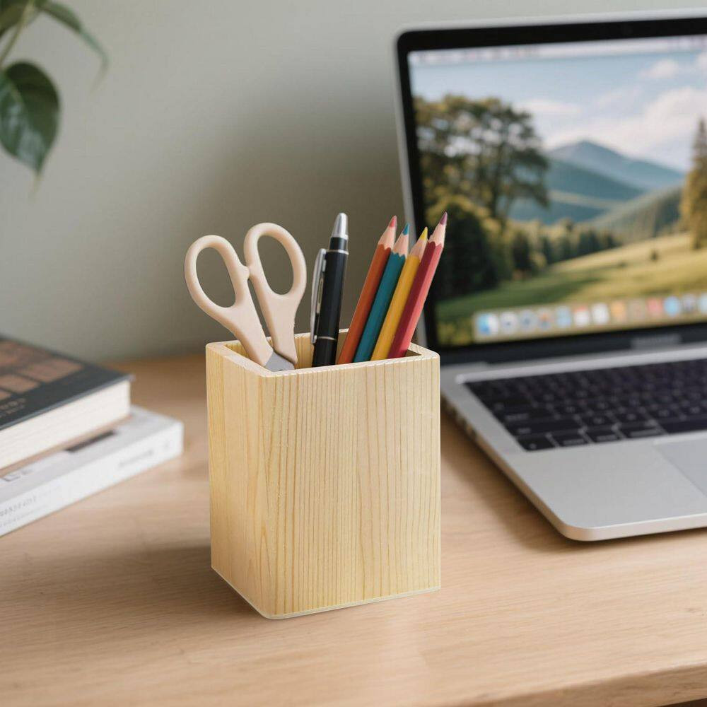 6-Pack Unfinished Pine Wood Pencil Holder Set Square Natural Wood Desk Organizer