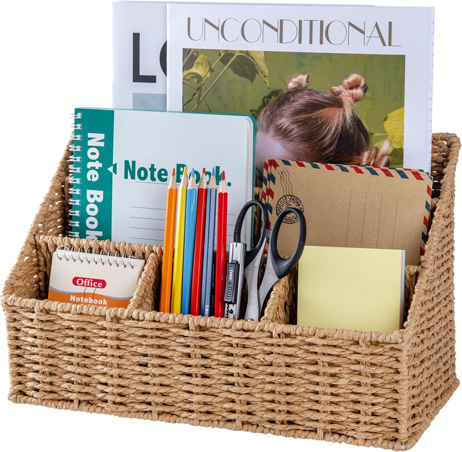 DINGTAI Rattan Desk Organizer, Tabletop Mail Holder, 5 Slot Mail Organizer Count