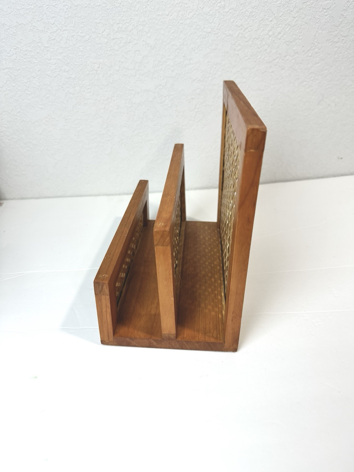 Vintage Brown Wicker & Wood Letter Holder Organizer Woven Rattan Bamboo 3 Slot