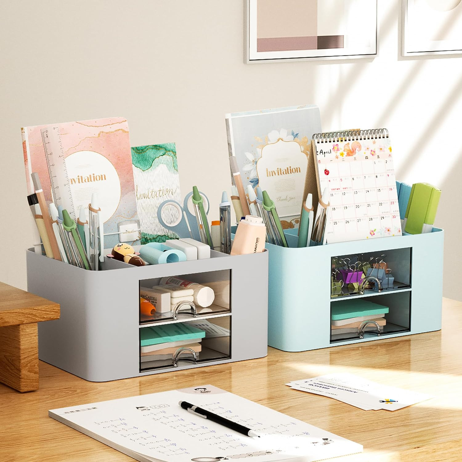 Pen Organizer with 2 Drawer, Multi-Functional Pencil Holder for Desk, Desk Organ