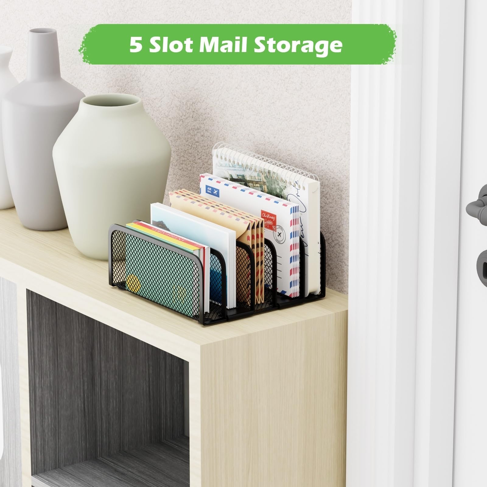 Black Metal Mail Organizer – 5-Slot Desktop File Holder for Office & Home
