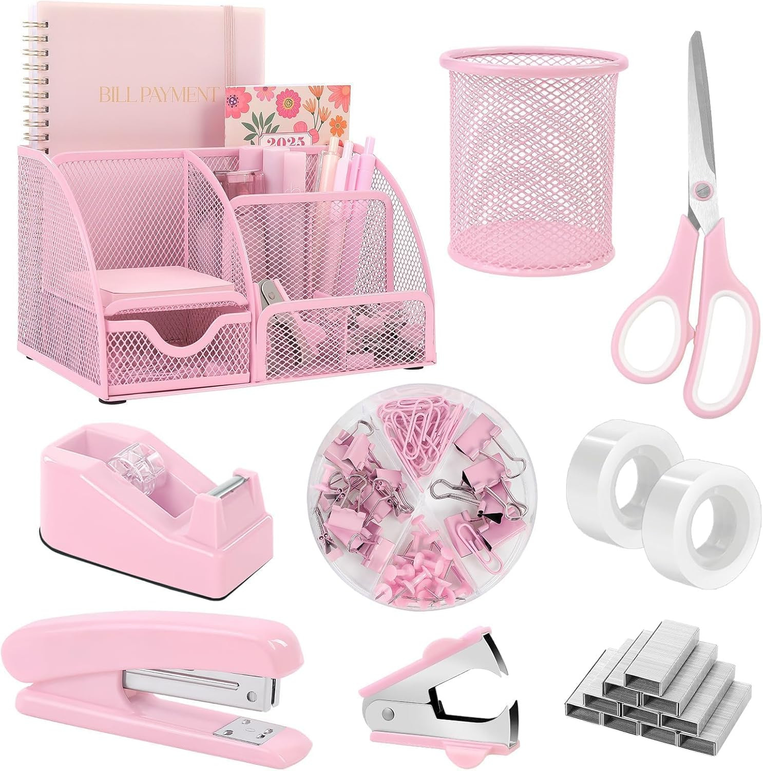 Pink Desk Accessories, Pink Office Supplies Set, Mesh Desk Organizer, Stapler, T