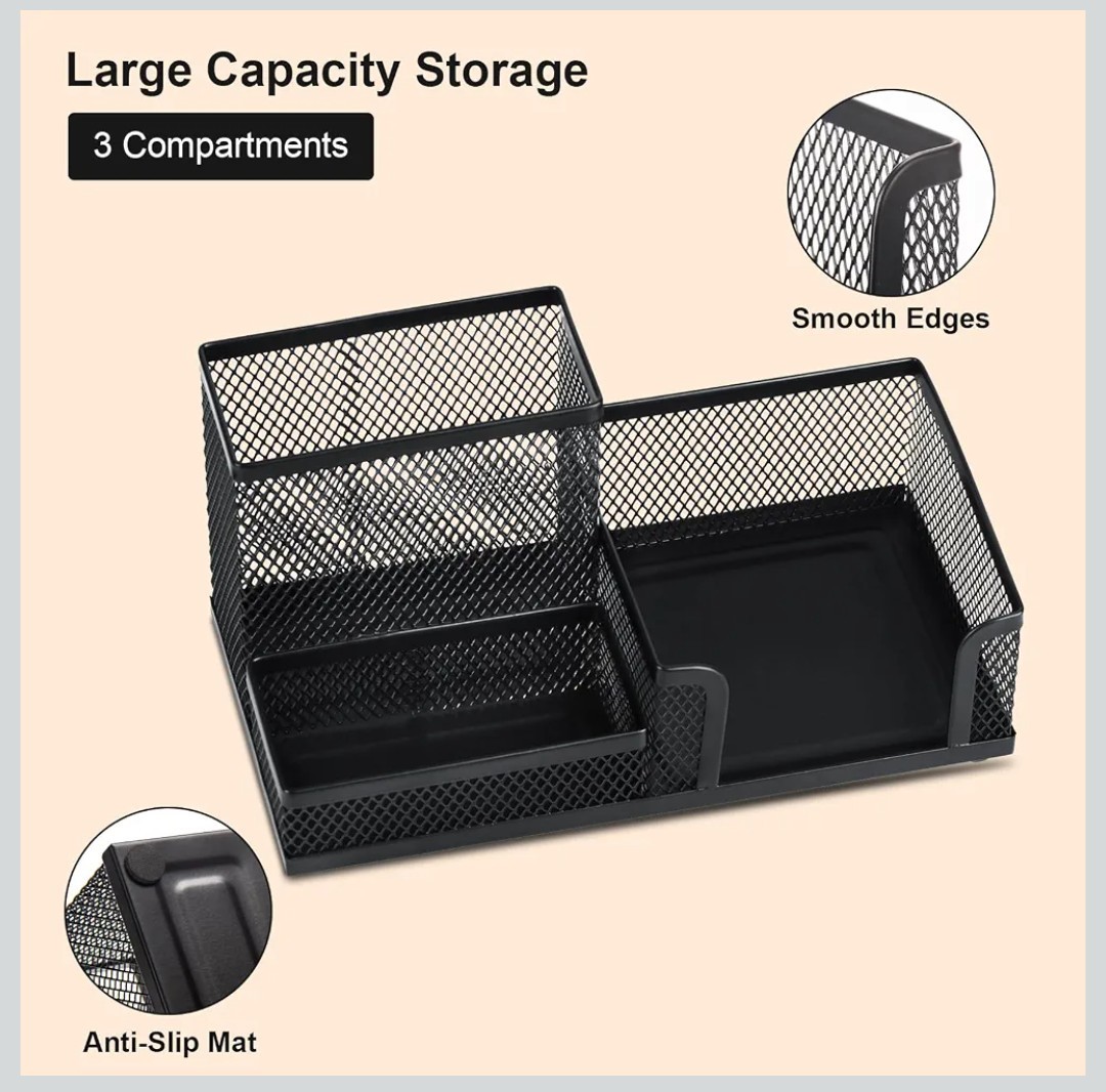 Black Mesh Metal Desktop Organizer, 3-Compartment Desk Pen/Pencil Holder