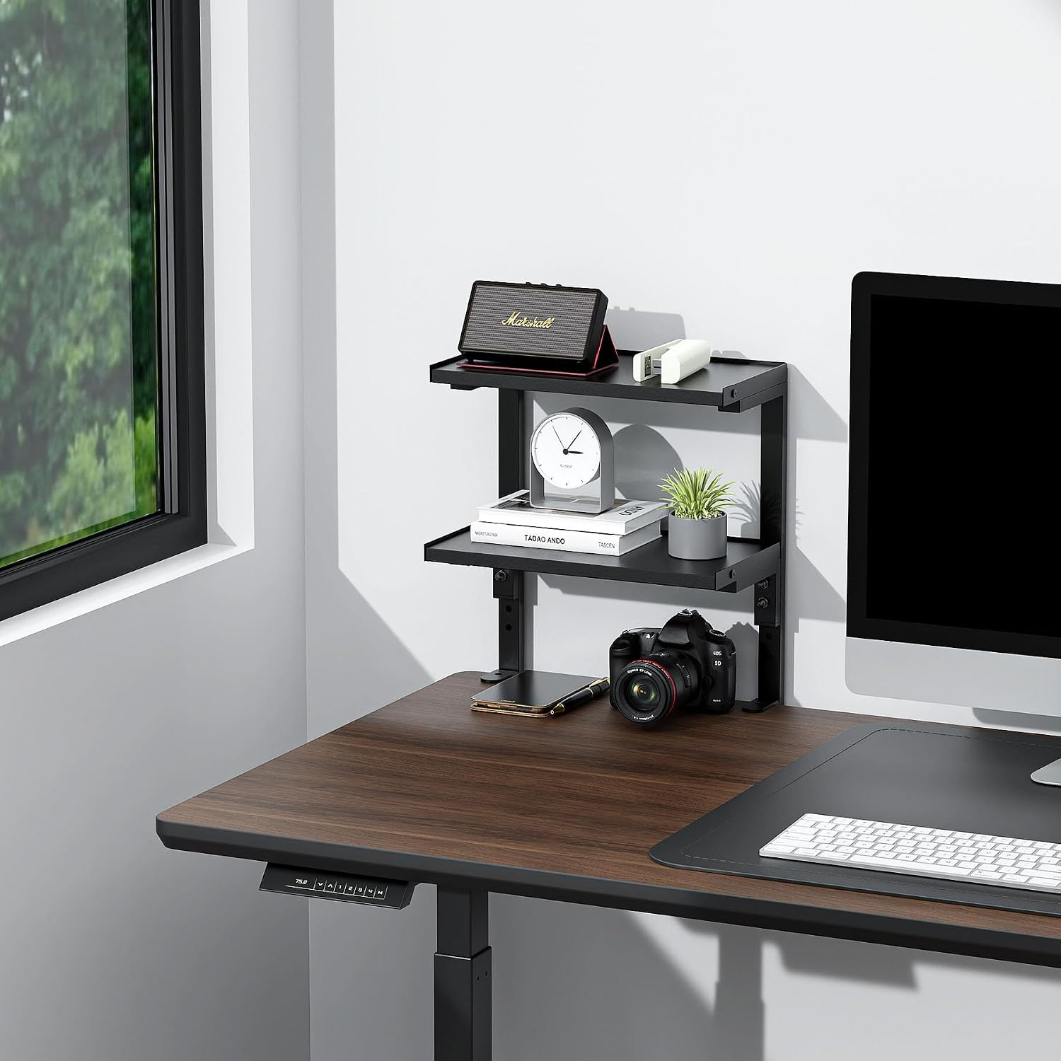 Clamp on Desk Shelf, 2 Tier Office Desk Shelves Organizer, Wood Desktop Supplies