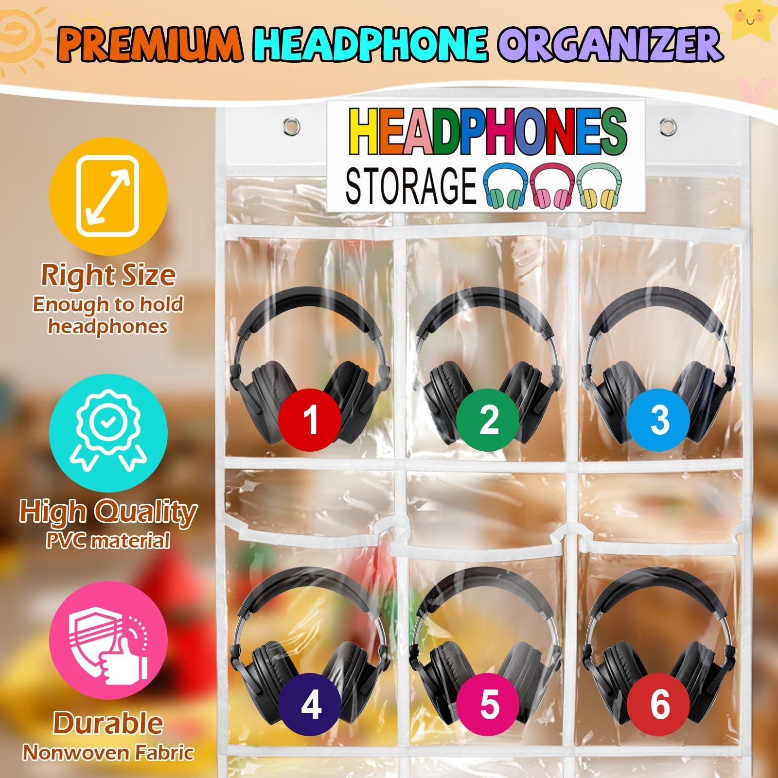 Headphone Storage Classroom Headphone Organizer 15 Pockets PVC Clear Organize…