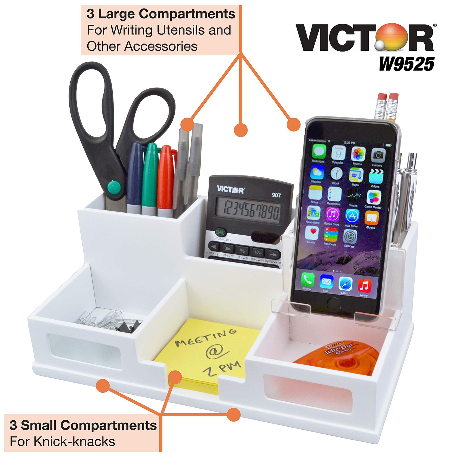 Victor W9525 Pure White Desk Organizer with Smart 4″ x 5.5″ x 10.4″,