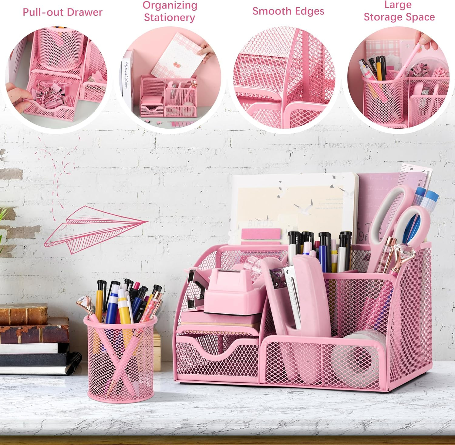 Pink Mesh Desk Organizer Office Supplies Set 11 Pc with Stapler Scissors