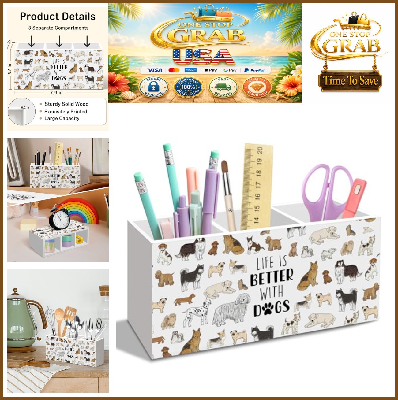 Wood Pencil Holder Desk Organizer 3 Compartments Dog Design 7.9×3.5×2.5 Inch