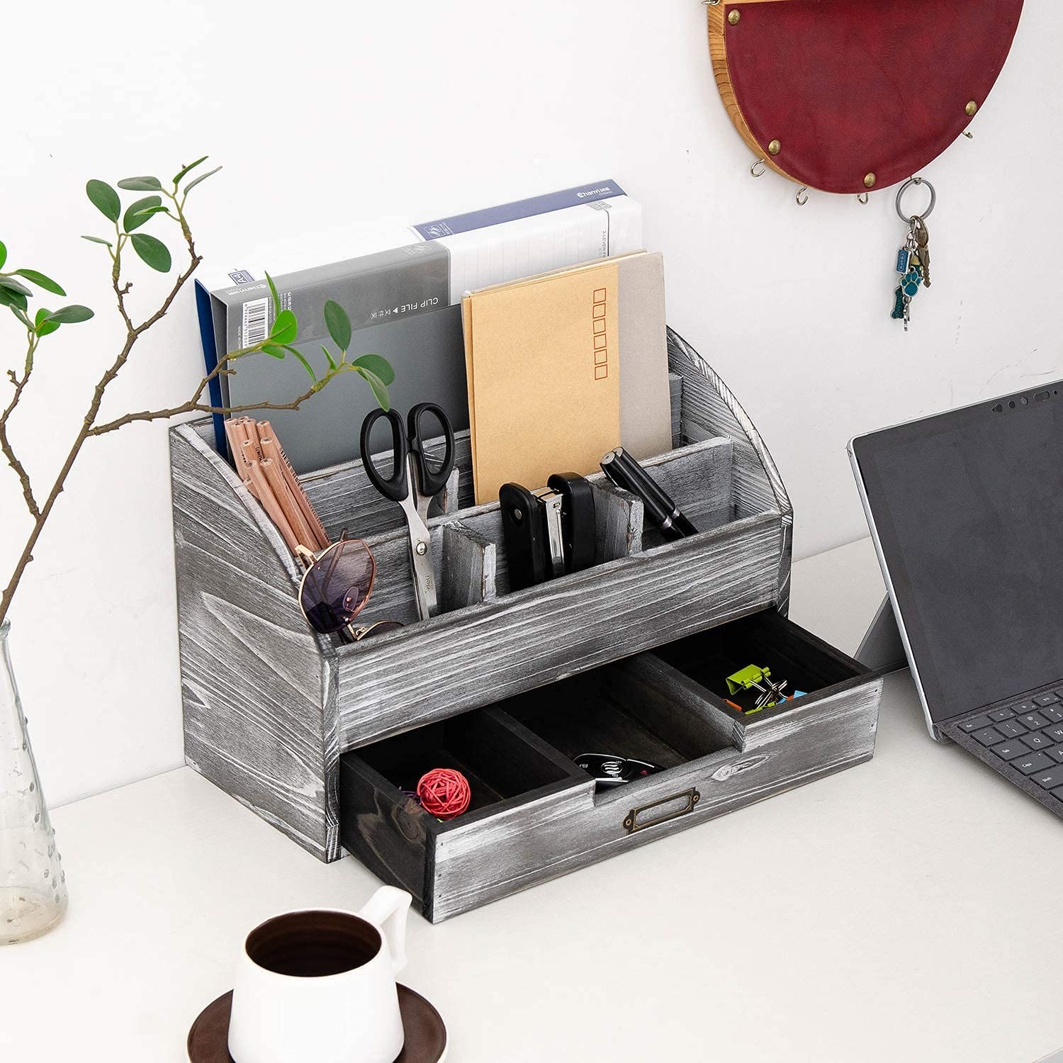 VERGOODR Rustic Wooden Office Desk Organizer 5 Compartment with 2 Grey white