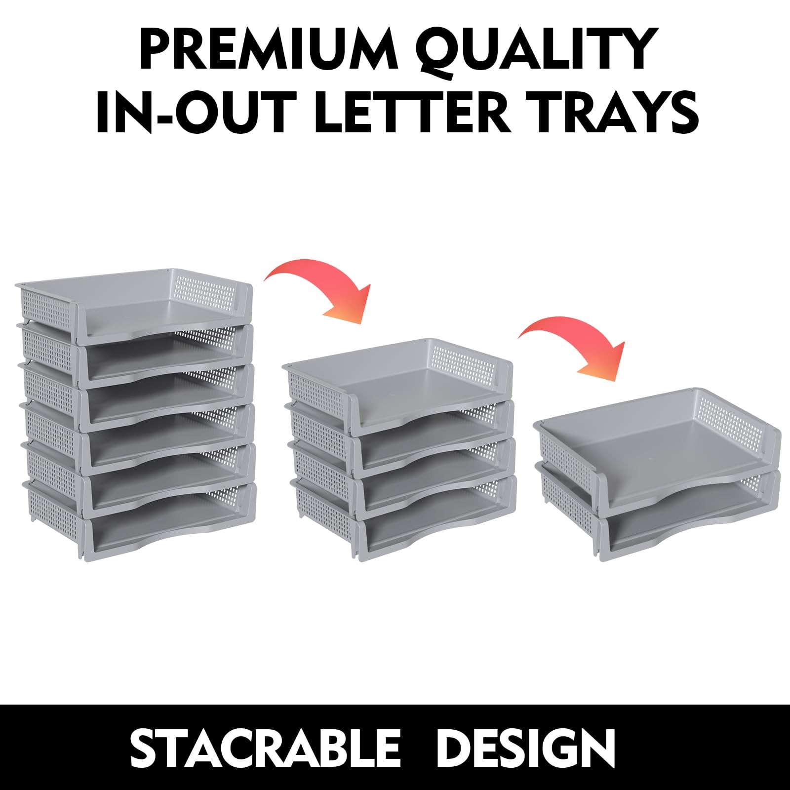 6 PCS Grey Office Desk Tray Organizer Stackable Paper Letter Storage Baskets