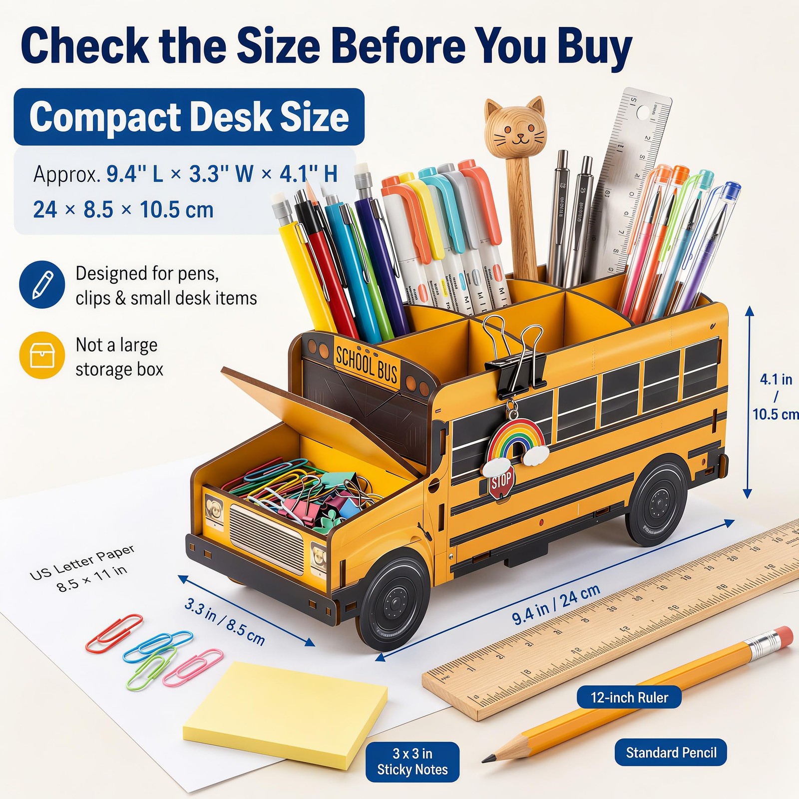 Cute Wooden School Bus Desk Decor & Pencil Holder – Retro Yellow Vehicle Stat…