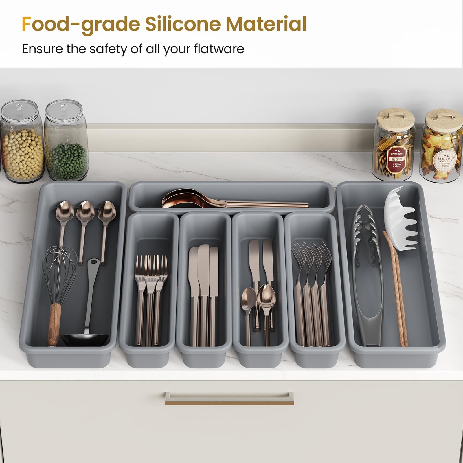 K KORKUAN 7 Pack Silicone Silverware Drawer Organizer, DIY Free 7 Pack, Grey