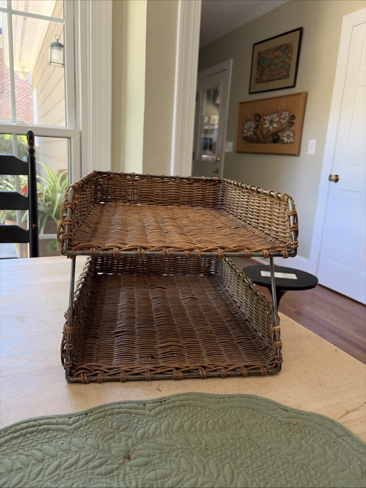 vintage wicker two-tier desk top organizer 14” x 10” EUC