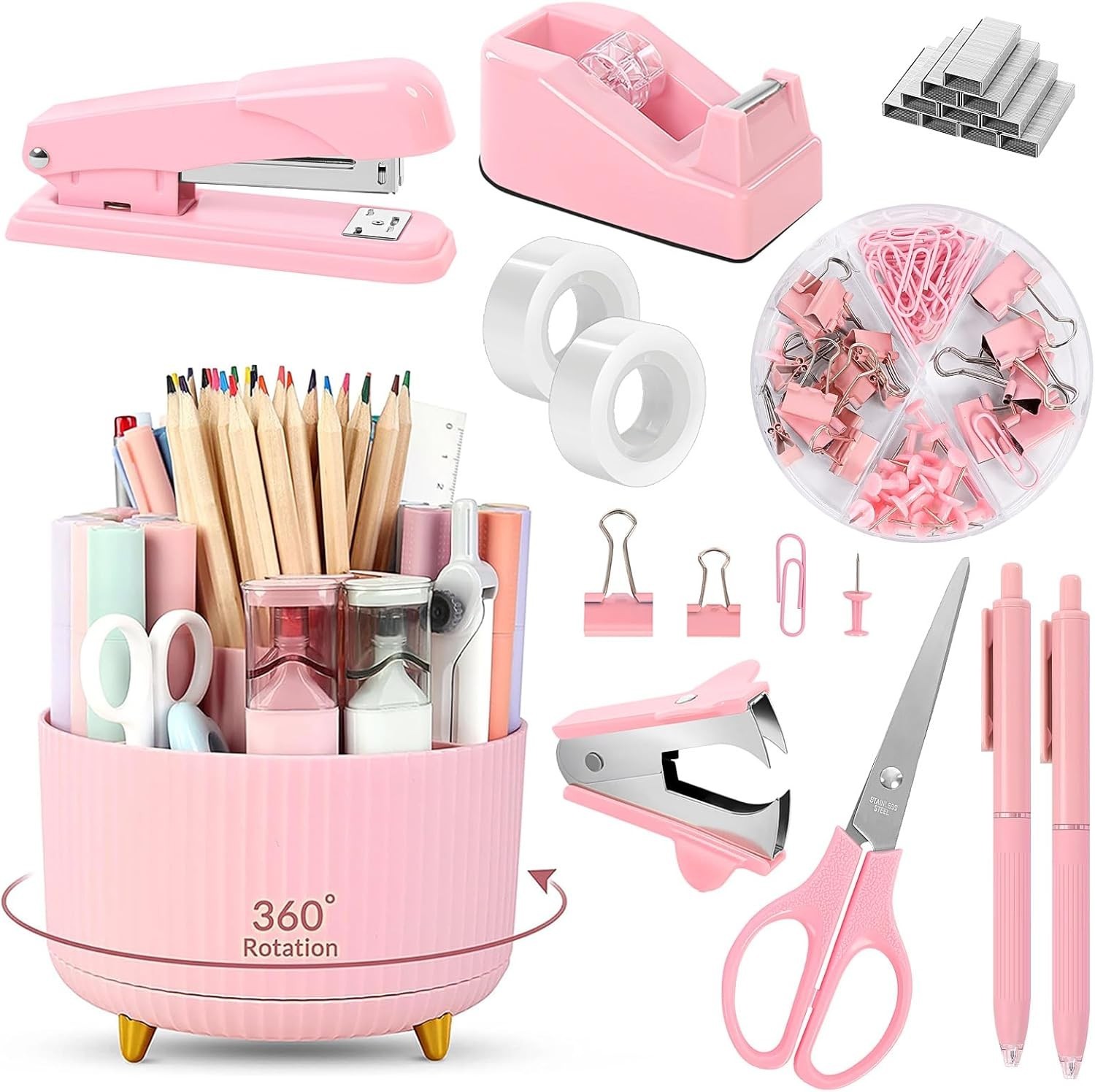 Versatile 10-Pc Pink Office Supplies: Stylish Rotating Holder, Stapler & More