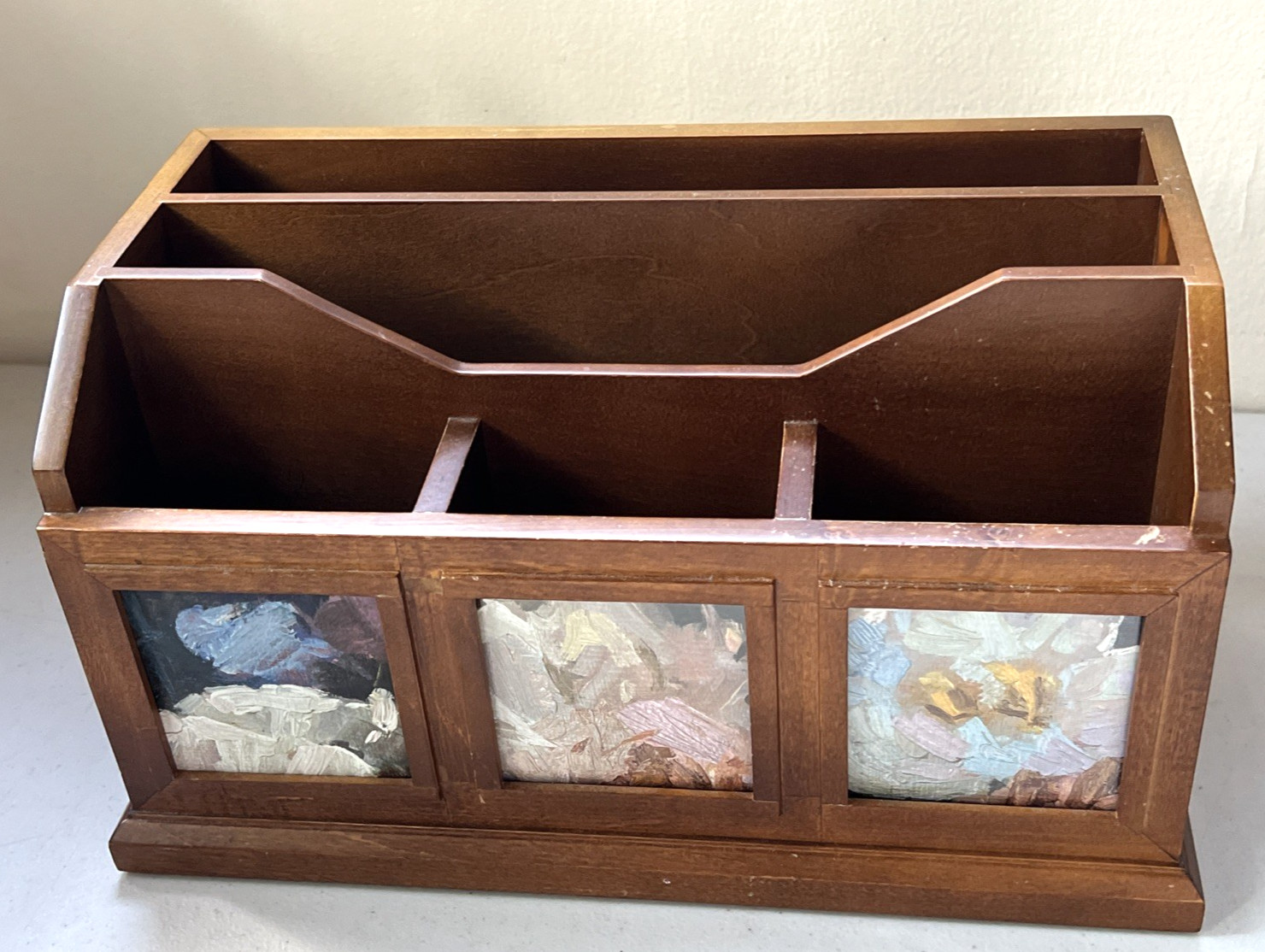 Vtg Bedford Pottery Barn Wood Desktop Organizer Mail File w/ 3 Floral Art – 13″