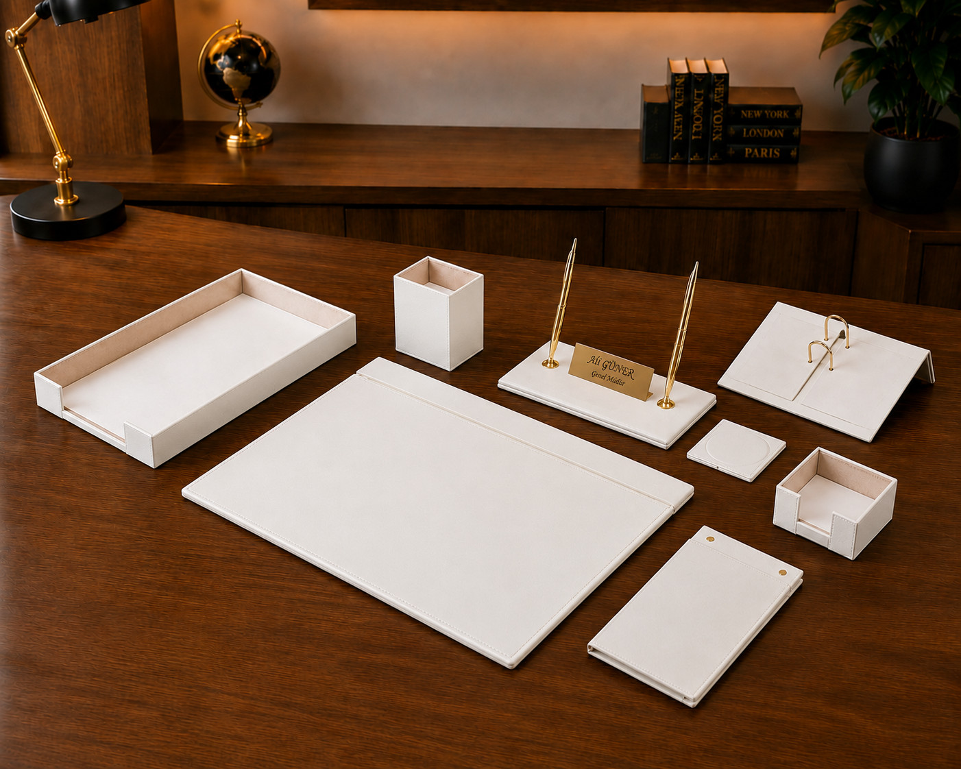 Leather Desk Organizer Set with Single Document Tray Desk Set 10 PIECES White