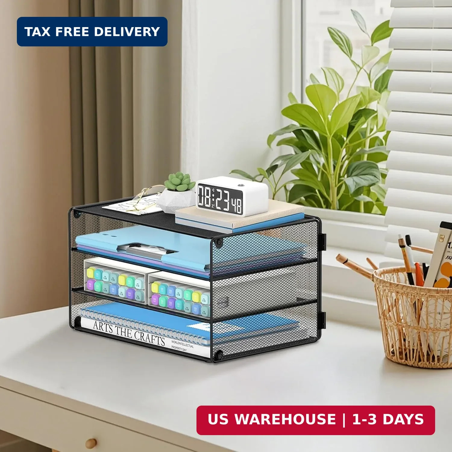 DALTACK 3 Tier Letter Tray Paper Organizer with Sliding Mesh Trays Black | Metal