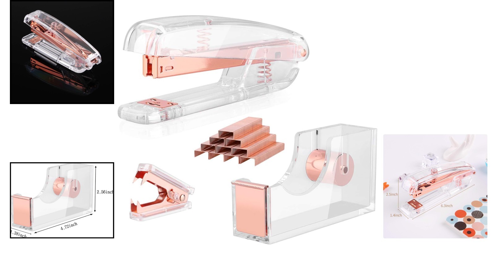 Complete Rose Gold Desk Accessory Set: Stapler, Tape Dispenser & Stapler Remover