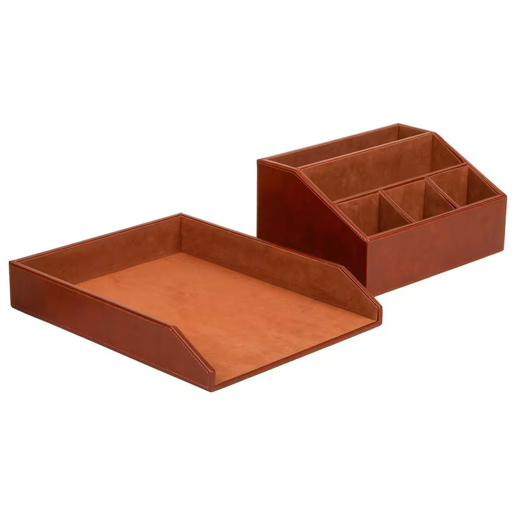Brown 13.25 In. W X 5.25 In. H Polyurethane Leather Stackable Desk Organizer and