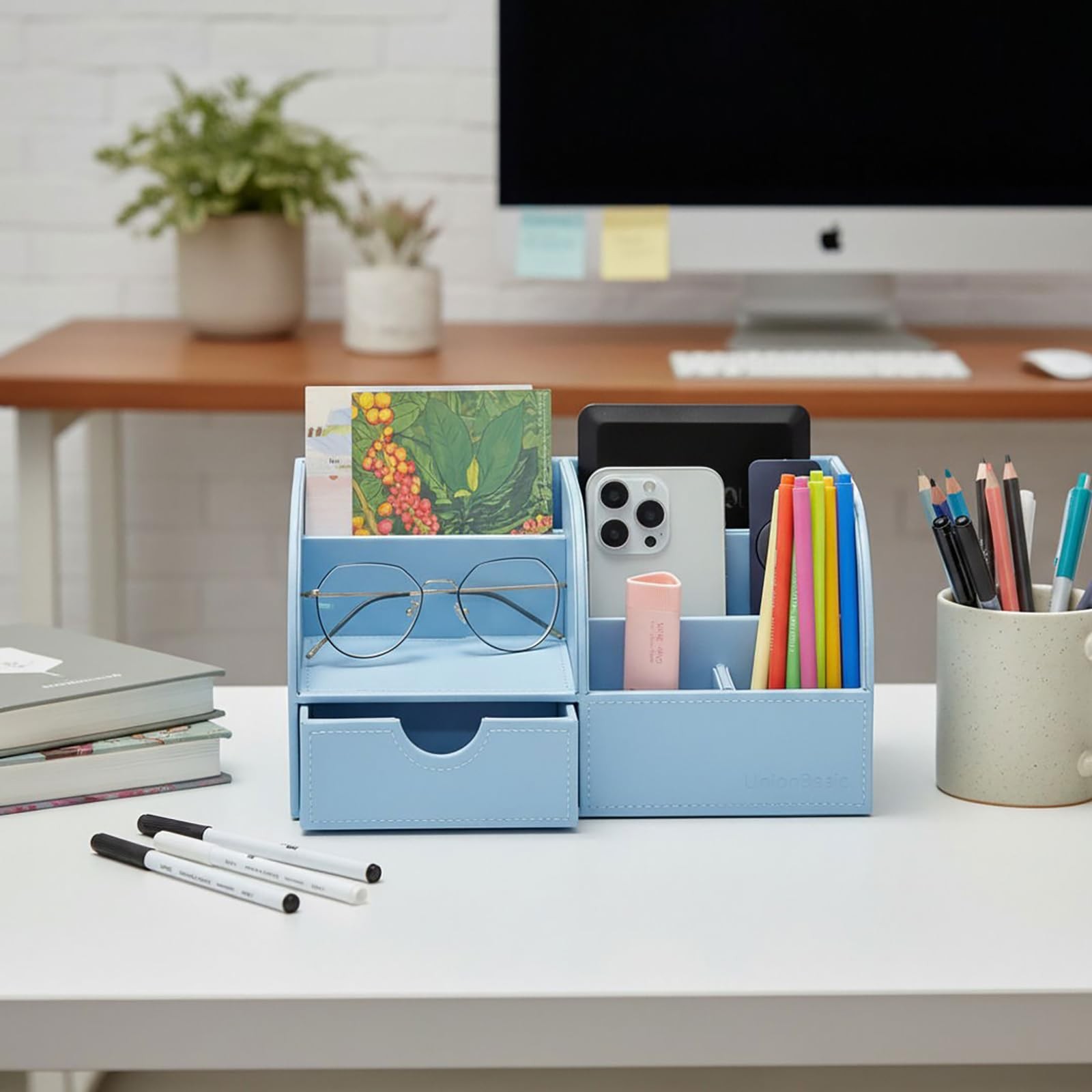 Desk Organizer Multifunctional Leather Desktop Pen Holder Storage Box Business C