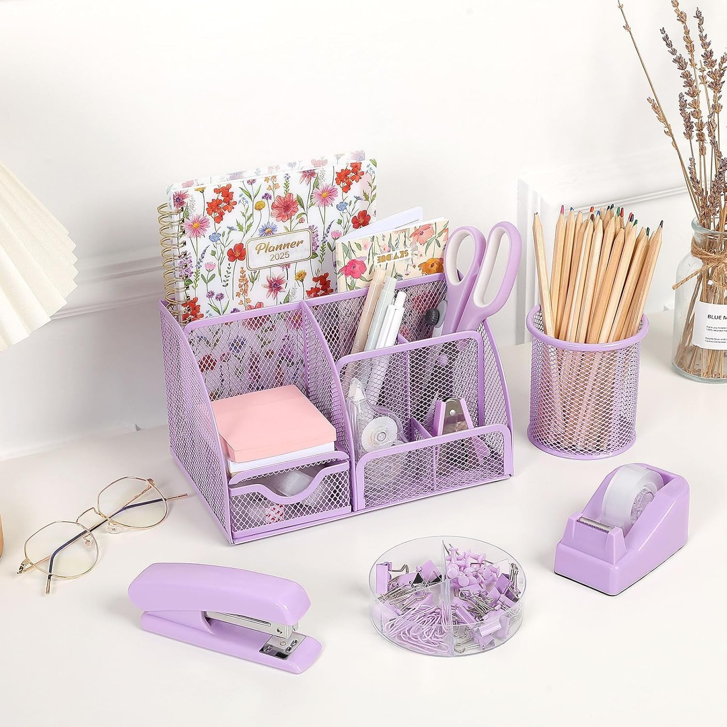 Purple Office Supplies, Purple Desk Organizer for Kids, Mesh Desk Organizer, Sta