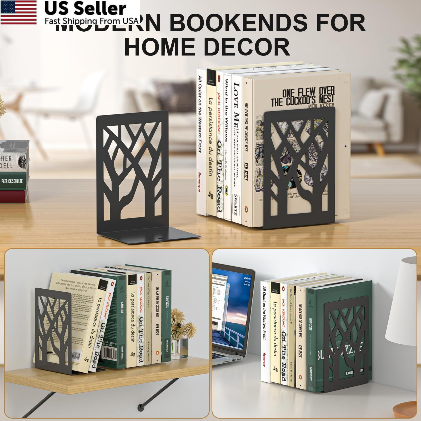 ALOTCHE Bookends 4 Pieces, Tree Design Modern Metal Black 4 Pieces