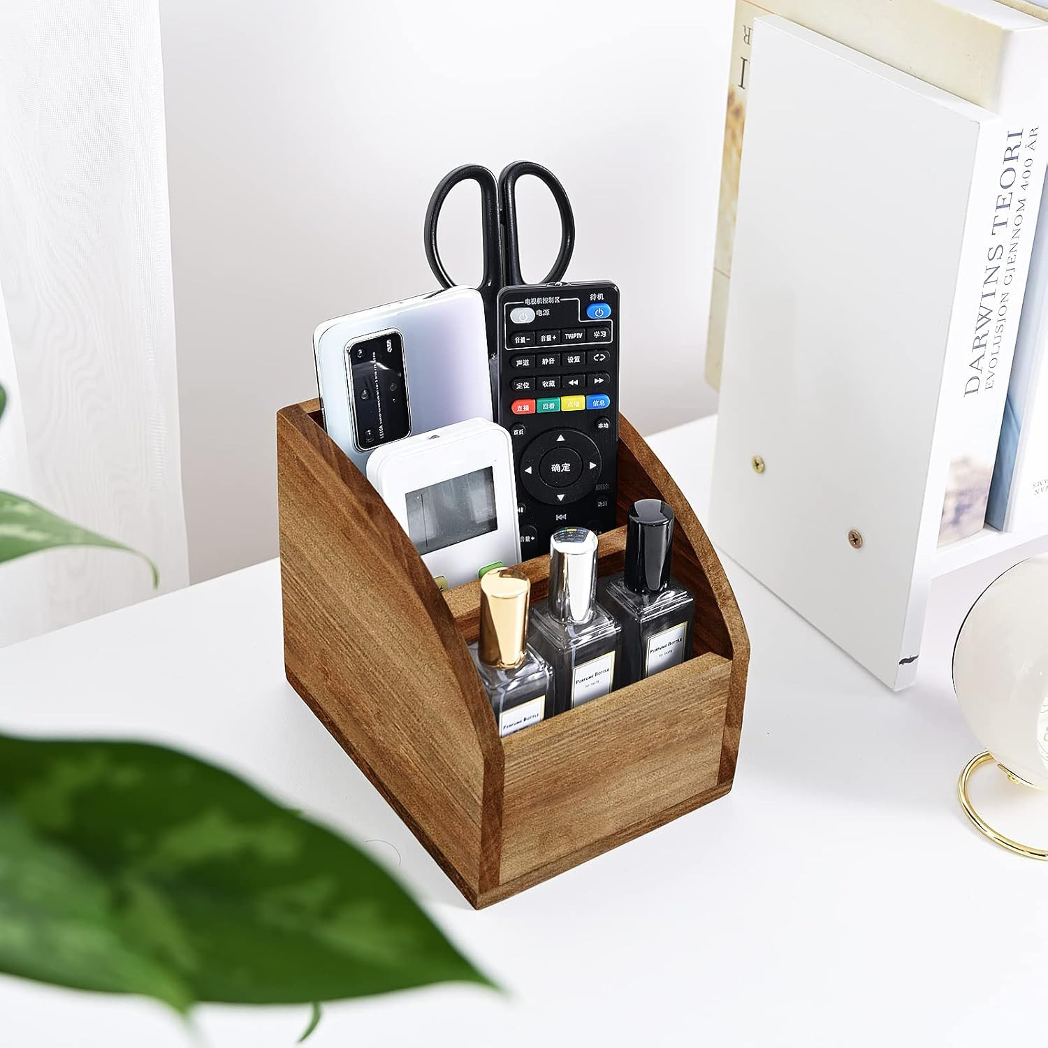 OKSQW Rustic Vintage Wooden Desk Organizer Farmhouse Wood Remote Control Caddy,