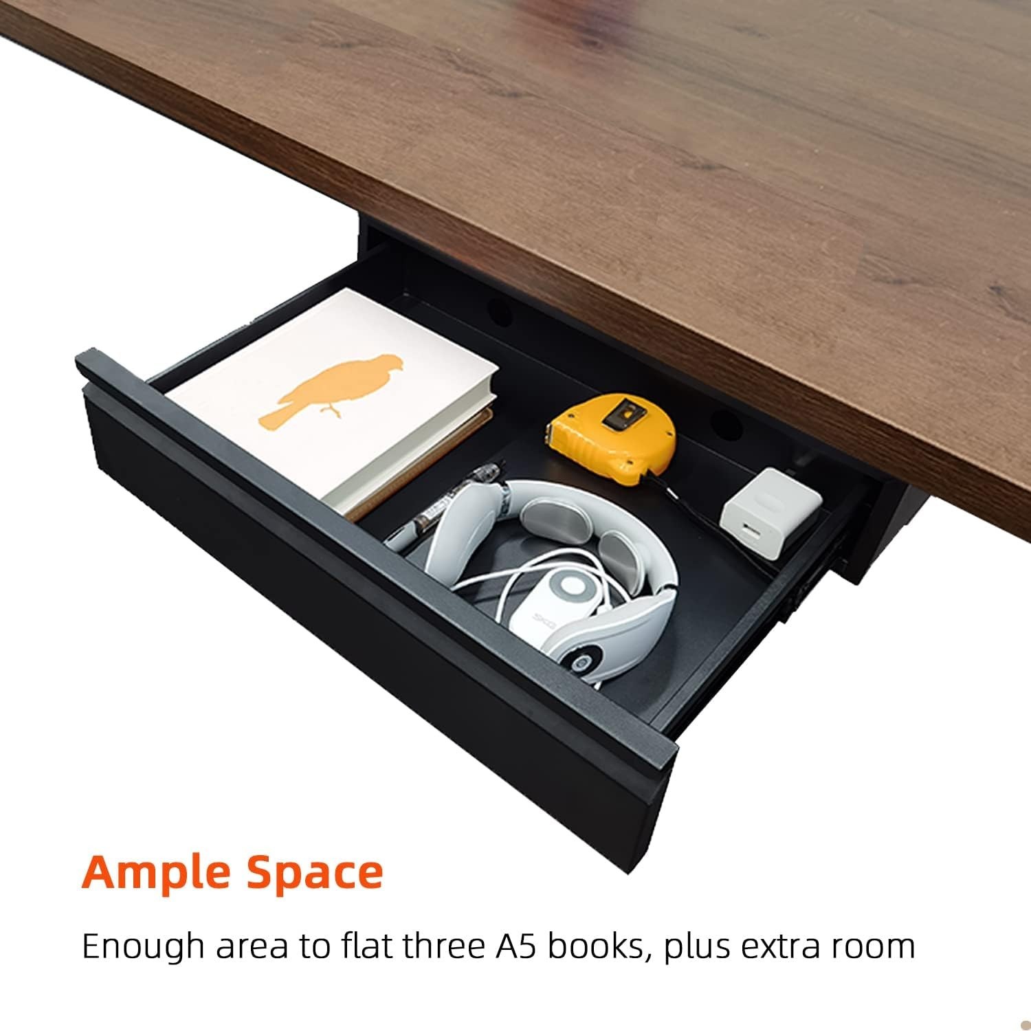 18” Under Desk Drawer with Large Slide and Cable Management: Black Metal Design