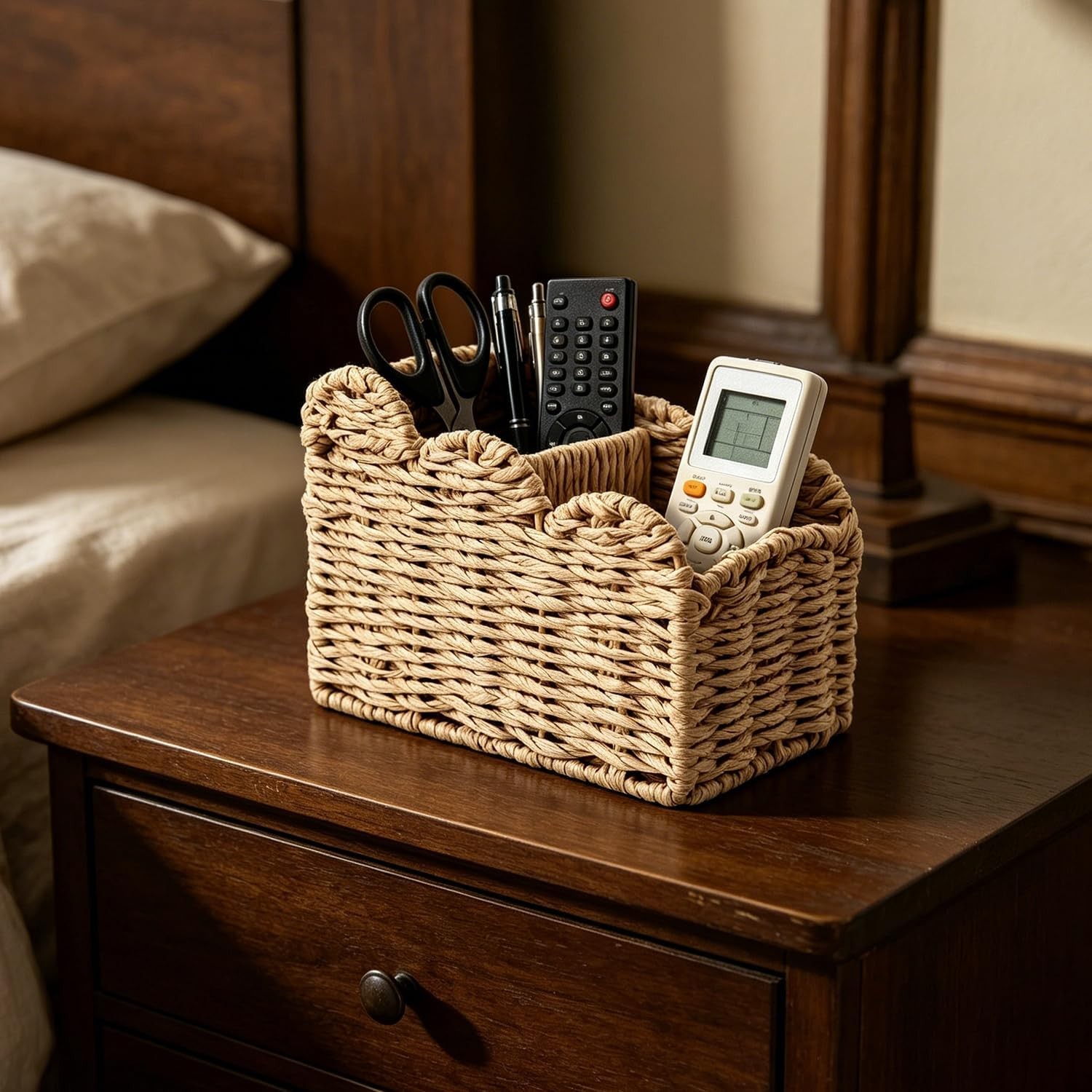 Remote Control Holder 2-Slot Paper Rope Woven Desk Organizer Caddy W/ Scalloped