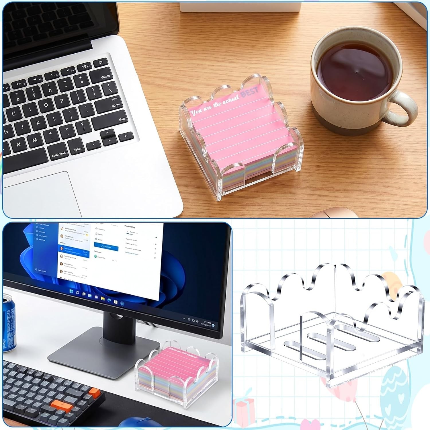 Scalloped Acrylic Sticky Note Holder Crystal Clear Desk Organizer 3.27in