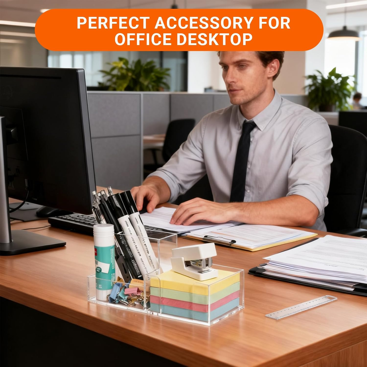 Pen Holder for Desk Clear Pencil Holder with Sticky Notes Holder Acrylic 3 Compa