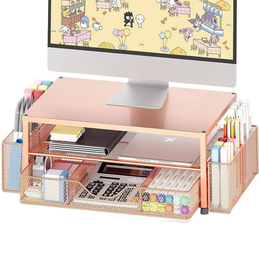 Gold 15.5 In. X 6.3 In. Metal Modern Desk Organizers with Drawer and 2 Pen Holde