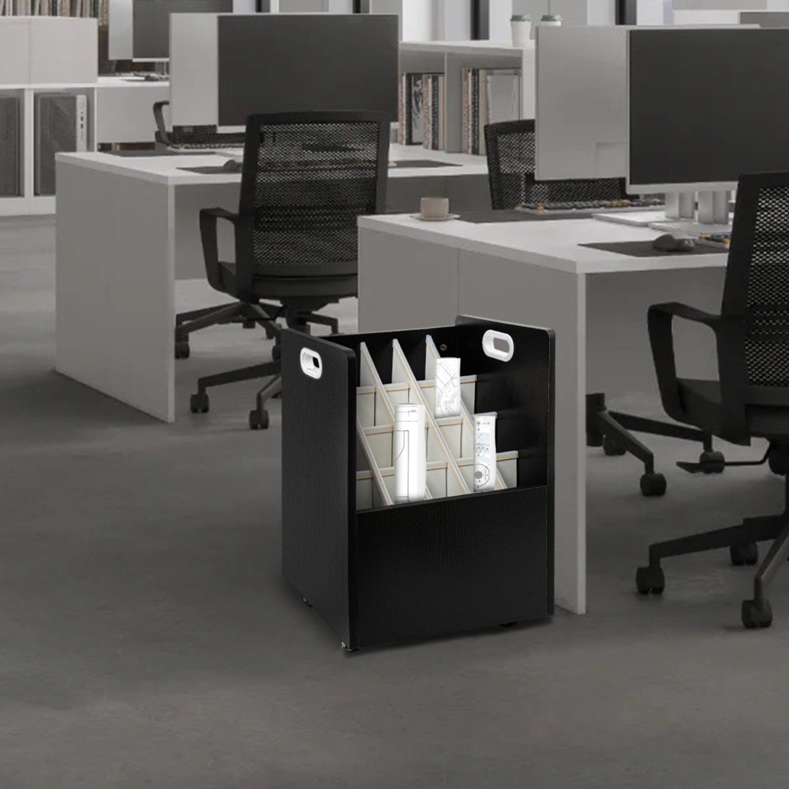 20-Slot Mobile Rolling Blueprint Roll File Cart Modern Document Organizer Black