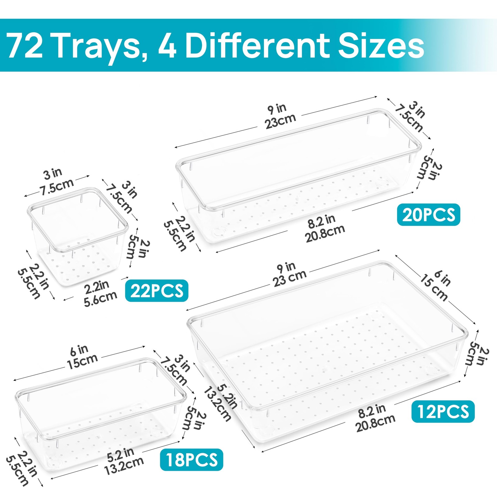 Vtopmart 72 PCS Clear Plastic Drawer Organizers 9 x 6 x 2.2 inches,