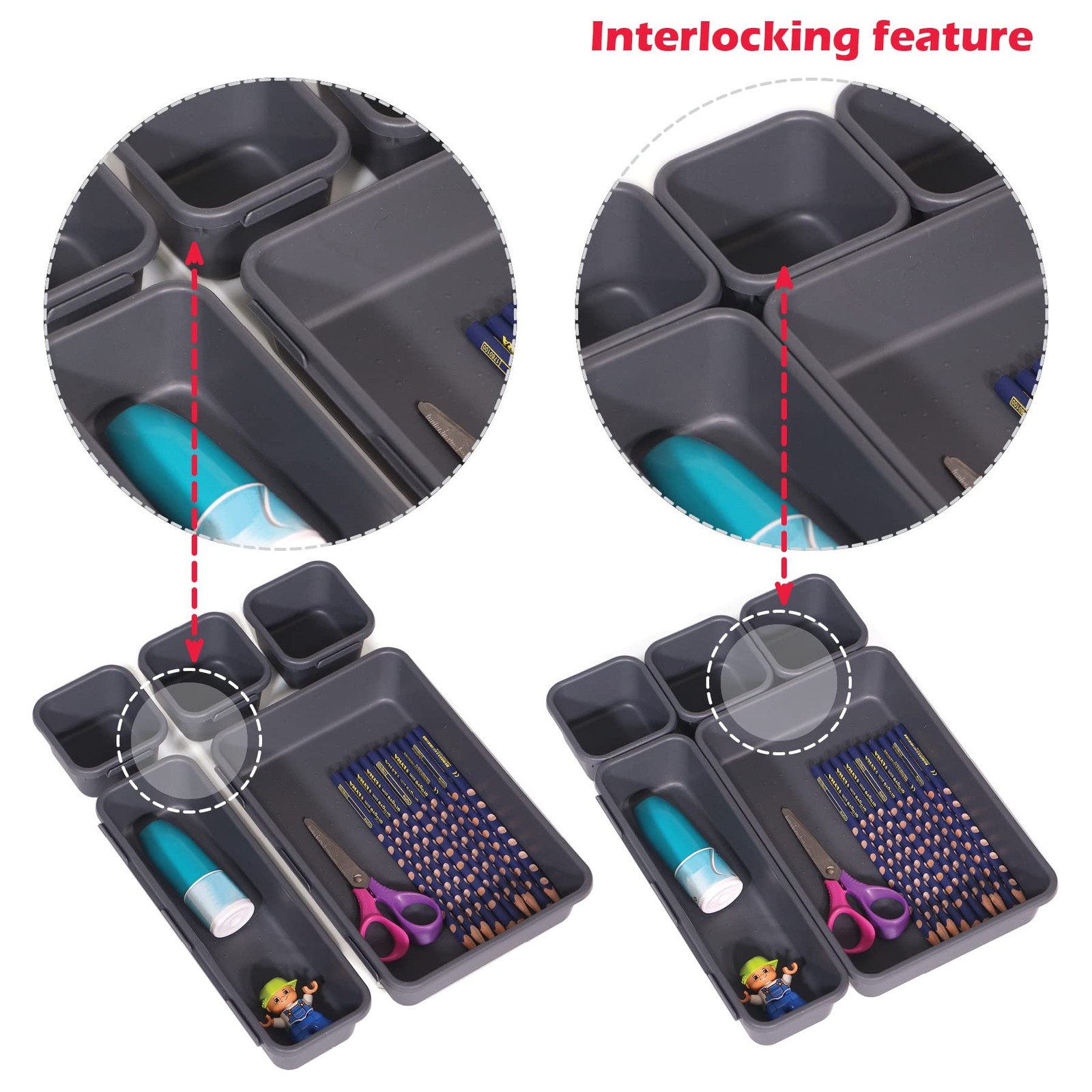 Set of 24 Interlocking Desk Drawer Organizer Tray Dividers Plastic Black