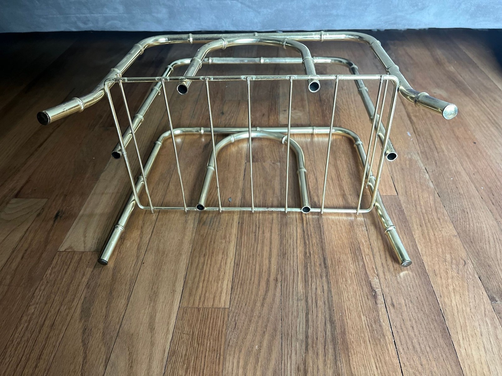 Vtg. Mcm Brass Tone Gold Metal Bamboo Magazine Holder Rack