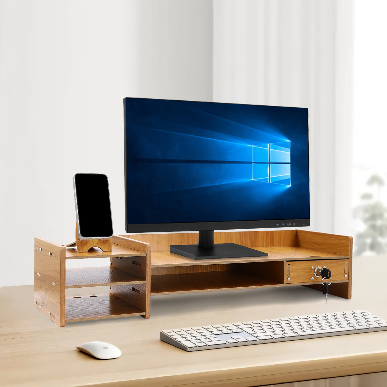 Multifunctional Monitor Stand Riser with Drawer, Storage Compartments, MDF